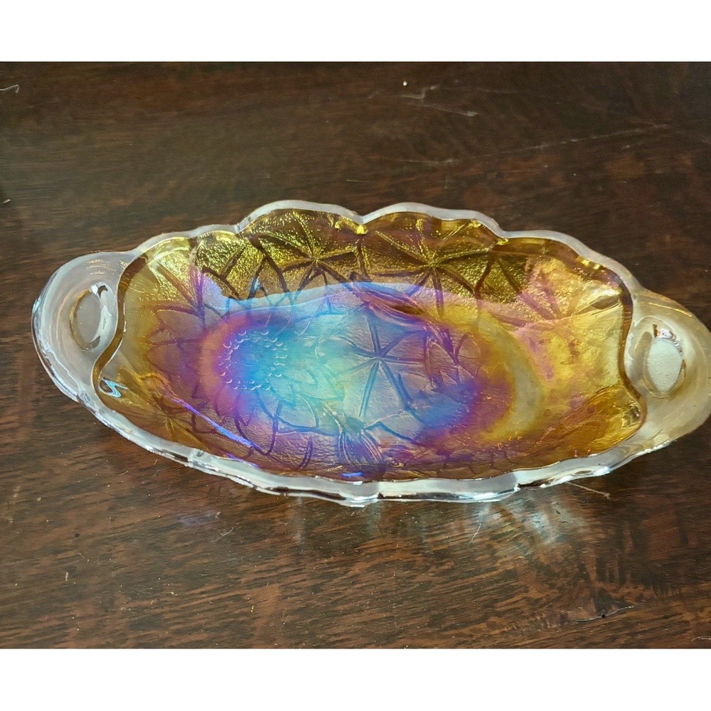 Vintage Lily Pons Amber Irredescent Indiana Carnival Glass‎ Candy Dish Marigold